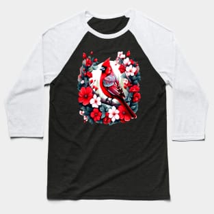 Cute Northern Cardinal Surrounded by Vibrant Spring Flowers Baseball T-Shirt